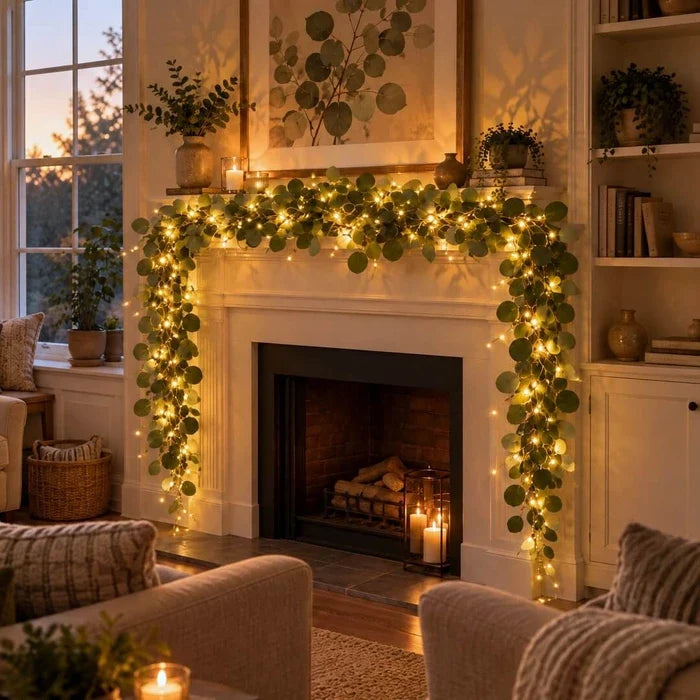 Light Up Olive Vine with Fairy Lights Among Leaves for Mantels Shelves and Mirrors