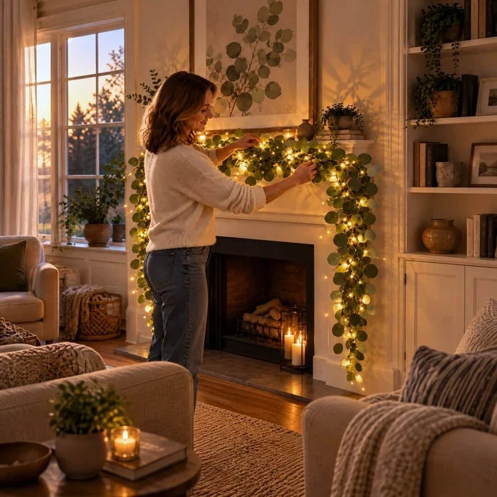 Light Up Olive Vine with Fairy Lights Among Leaves for Mantels Shelves and Mirrors