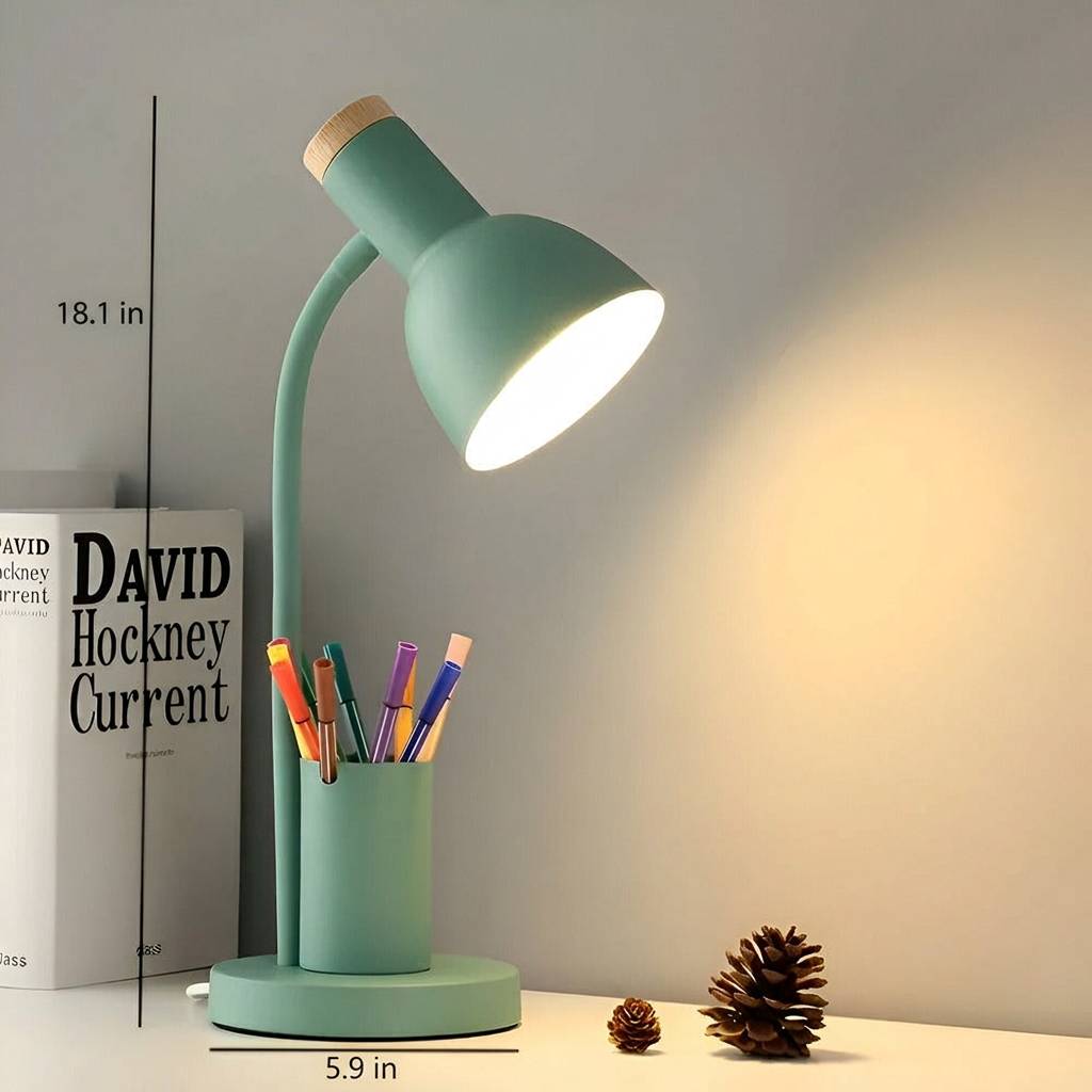 Adjustable LED Task Lamp with Integrated Pen Holder, Iron Construction