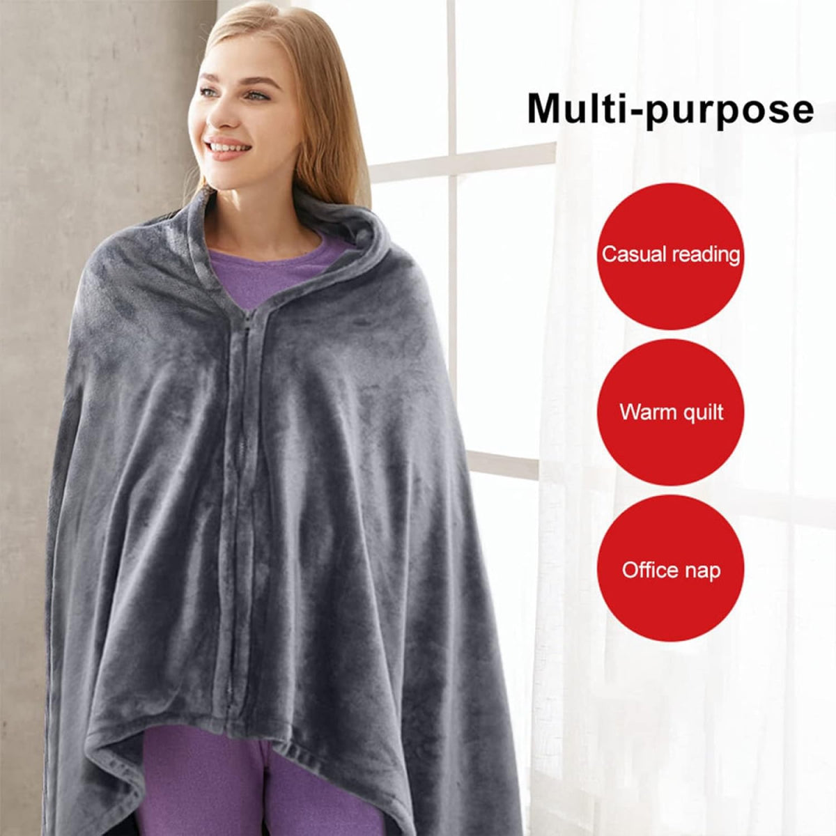 Heated Shawl Blanket with Zipper and Three Heat Levels, Machine Washable