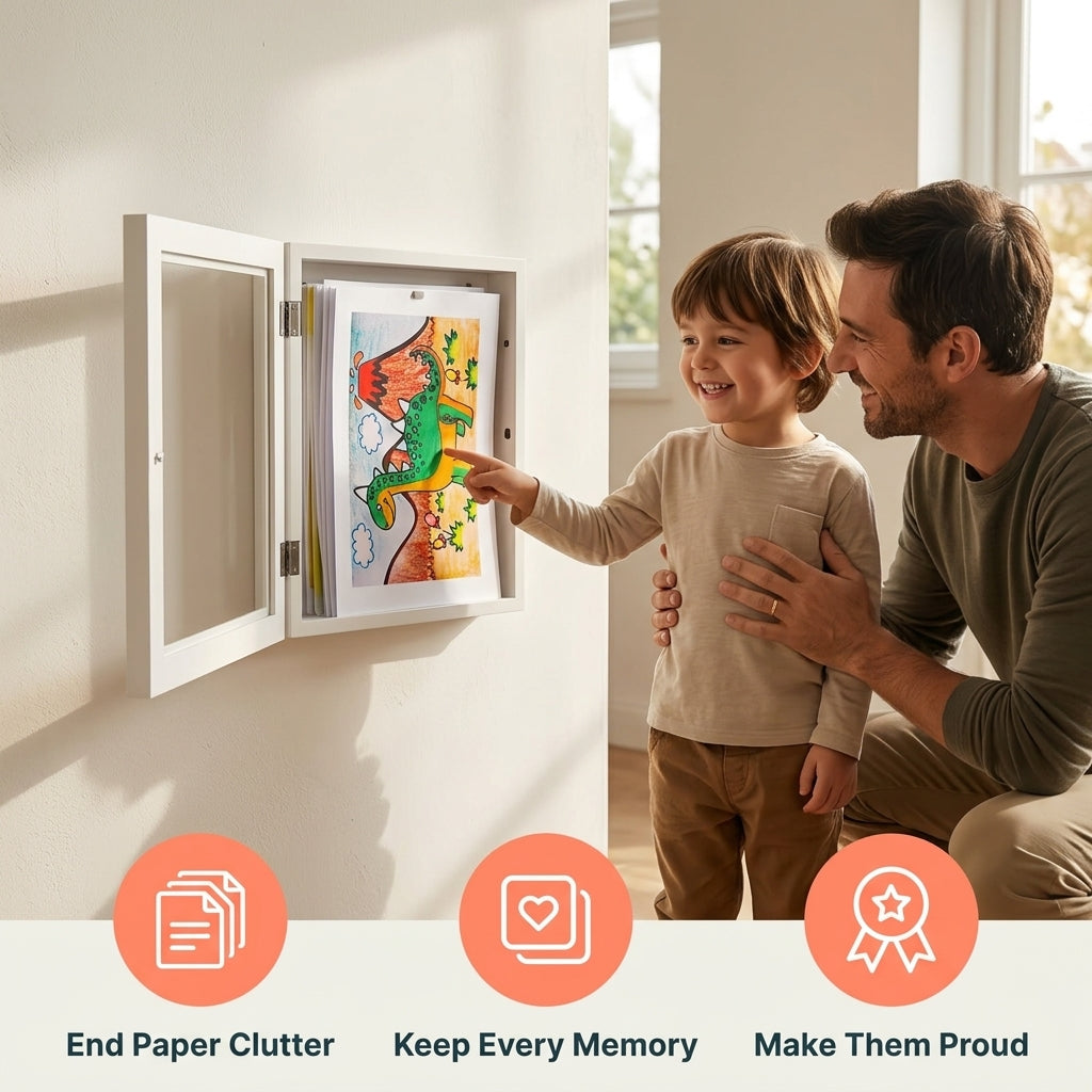Wall Mount Artwork Display Frame with Magnetic Latch and Storage for 150 Drawings