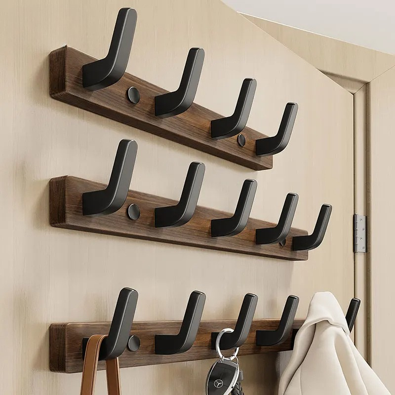 Wall Mounted Coat Rack with Wood Base and Metal Hooks