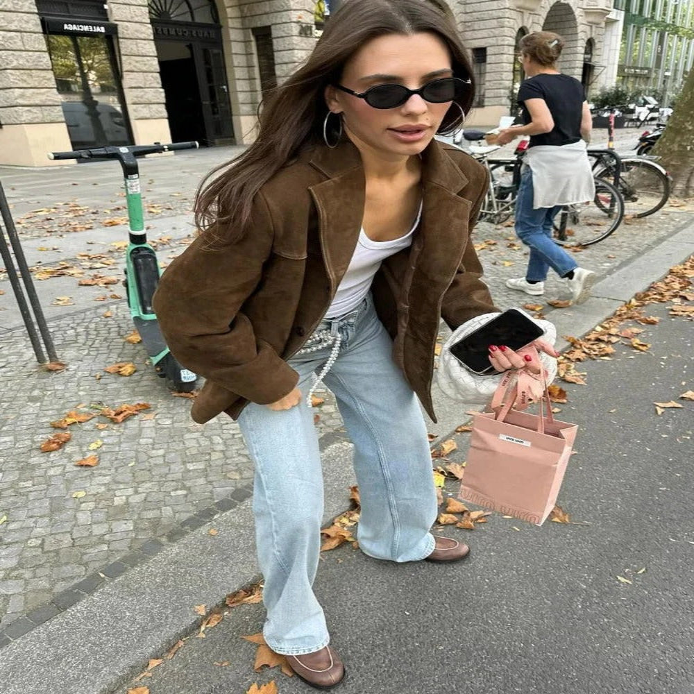 Womens Suede Jacket with Lapel Collar and Front Pockets, Long Sleeve Button Front