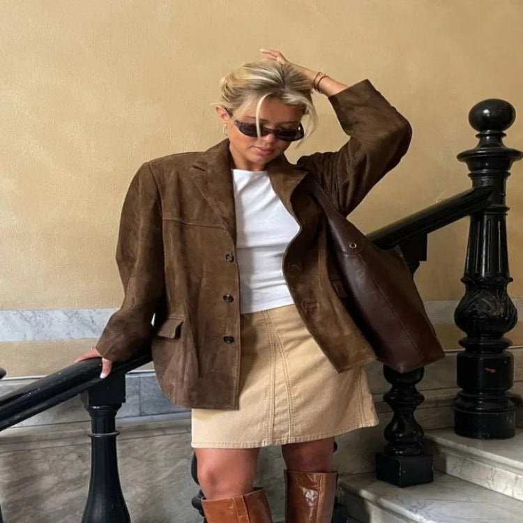 Womens Suede Jacket with Lapel Collar and Front Pockets, Long Sleeve Button Front