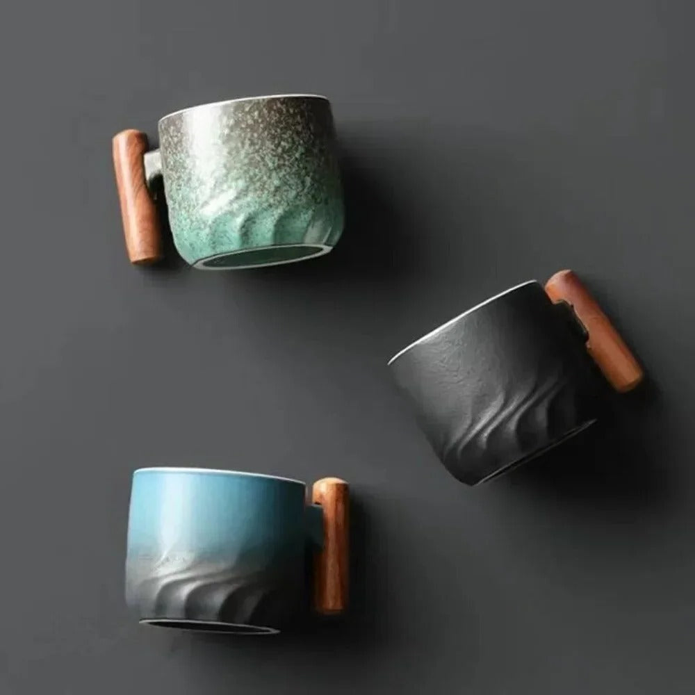 Ceramic Espresso Cup with Wooden Handle and Heat Retention, 80ml Capacity