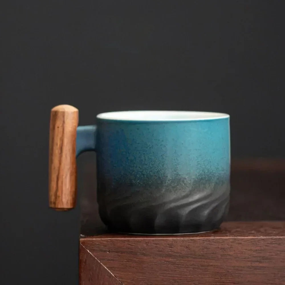 Ceramic Espresso Cup with Wooden Handle and Heat Retention, 80ml Capacity