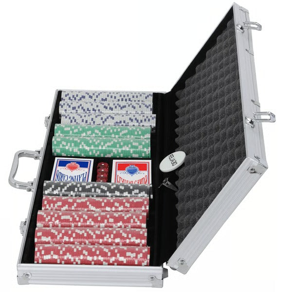 Poker Chip Set of 500 Weighted Chips with Two Card Decks Five Dice and Aluminum Case