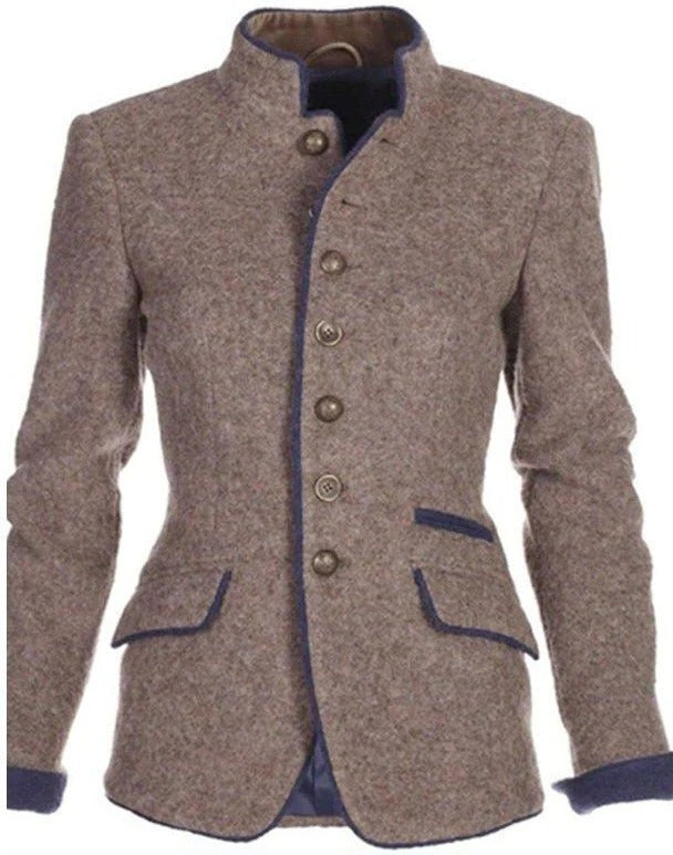 Tailored Two Tone Blazer with Stand Collar and Button Front, Cropped Length