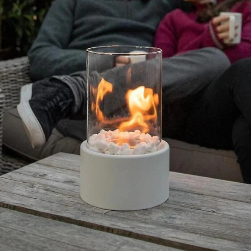 Tabletop Ethanol Fireplace with Glass Cylinder and Decorative Stones