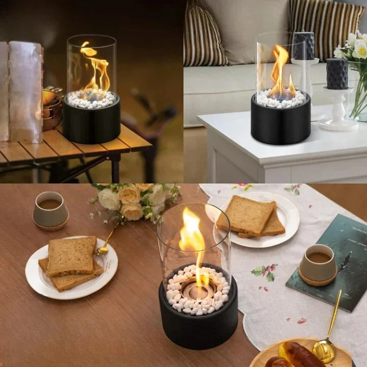 Tabletop Ethanol Fireplace with Glass Cylinder and Decorative Stones