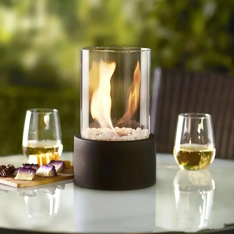 Tabletop Ethanol Fireplace with Glass Cylinder and Decorative Stones