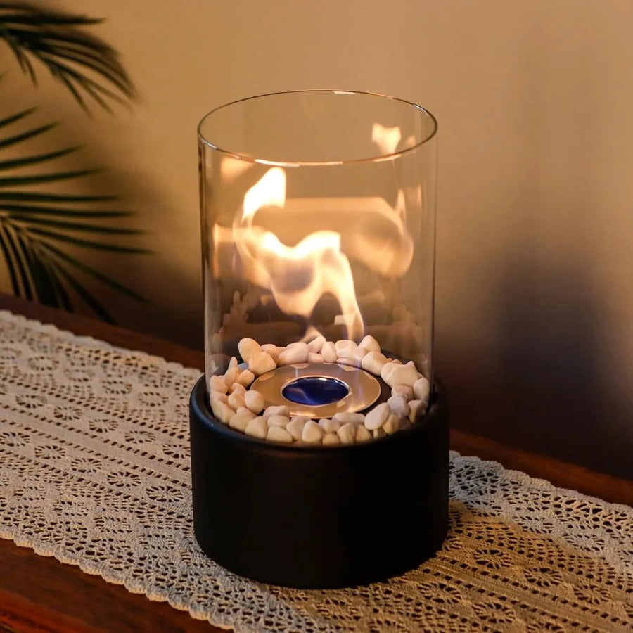 Tabletop Ethanol Fireplace with Glass Cylinder and Decorative Stones