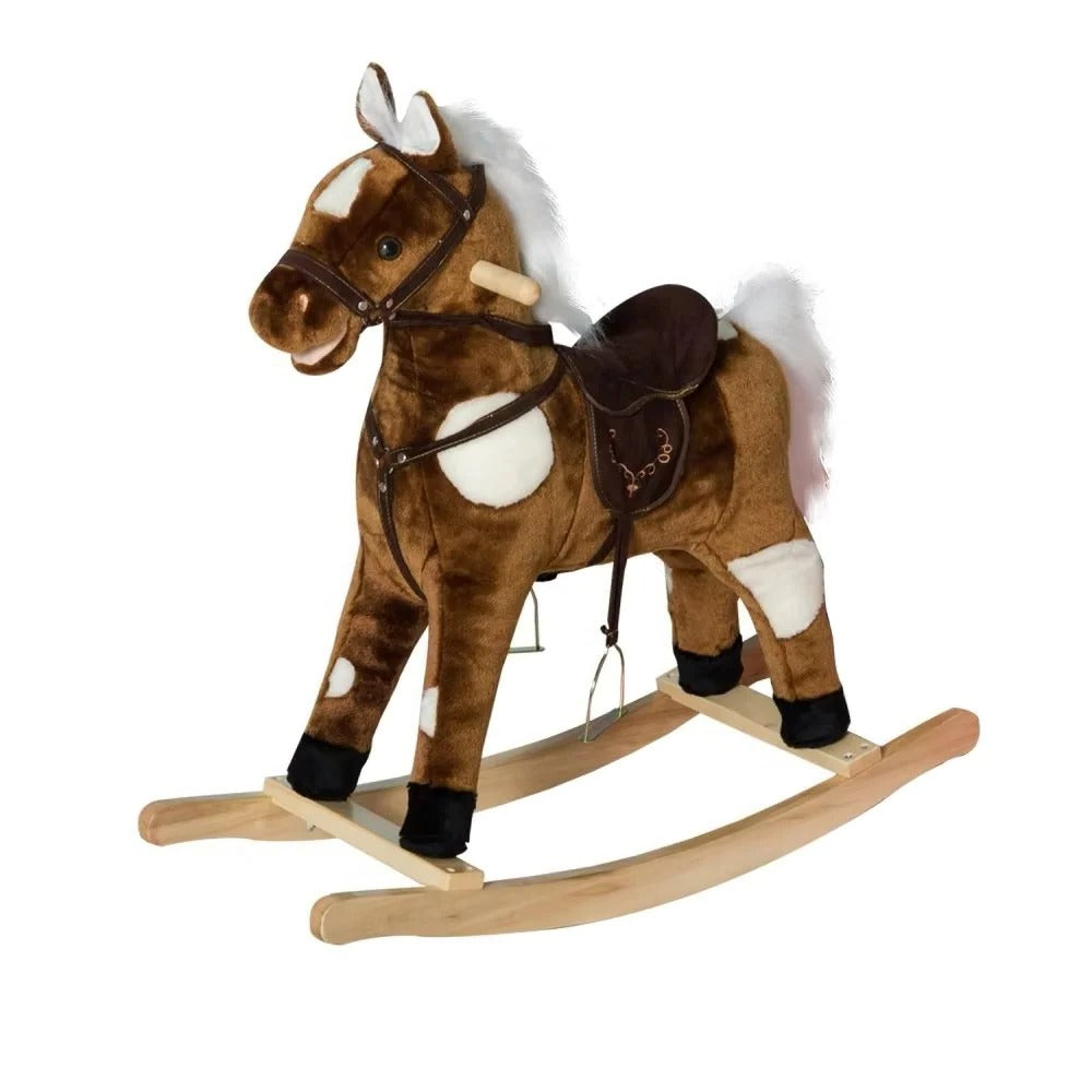 Plush Covered Rocking Horse Ride on with Nursery Rhyme Music for Toddlers in Dark Brown