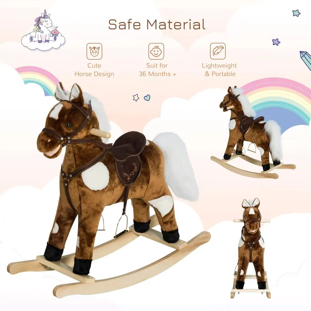 Plush Covered Rocking Horse Ride on with Nursery Rhyme Music for Toddlers in Dark Brown