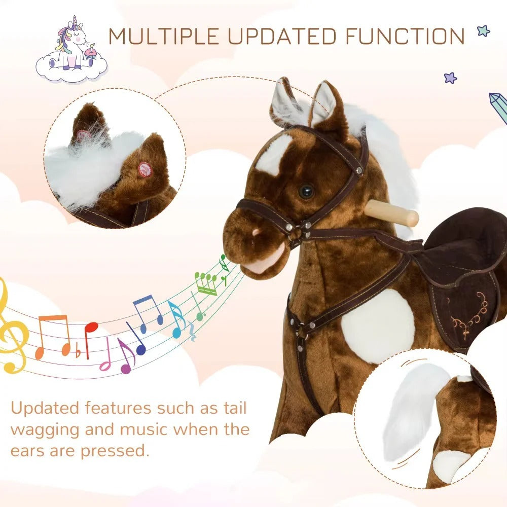Plush Covered Rocking Horse Ride on with Nursery Rhyme Music for Toddlers in Dark Brown