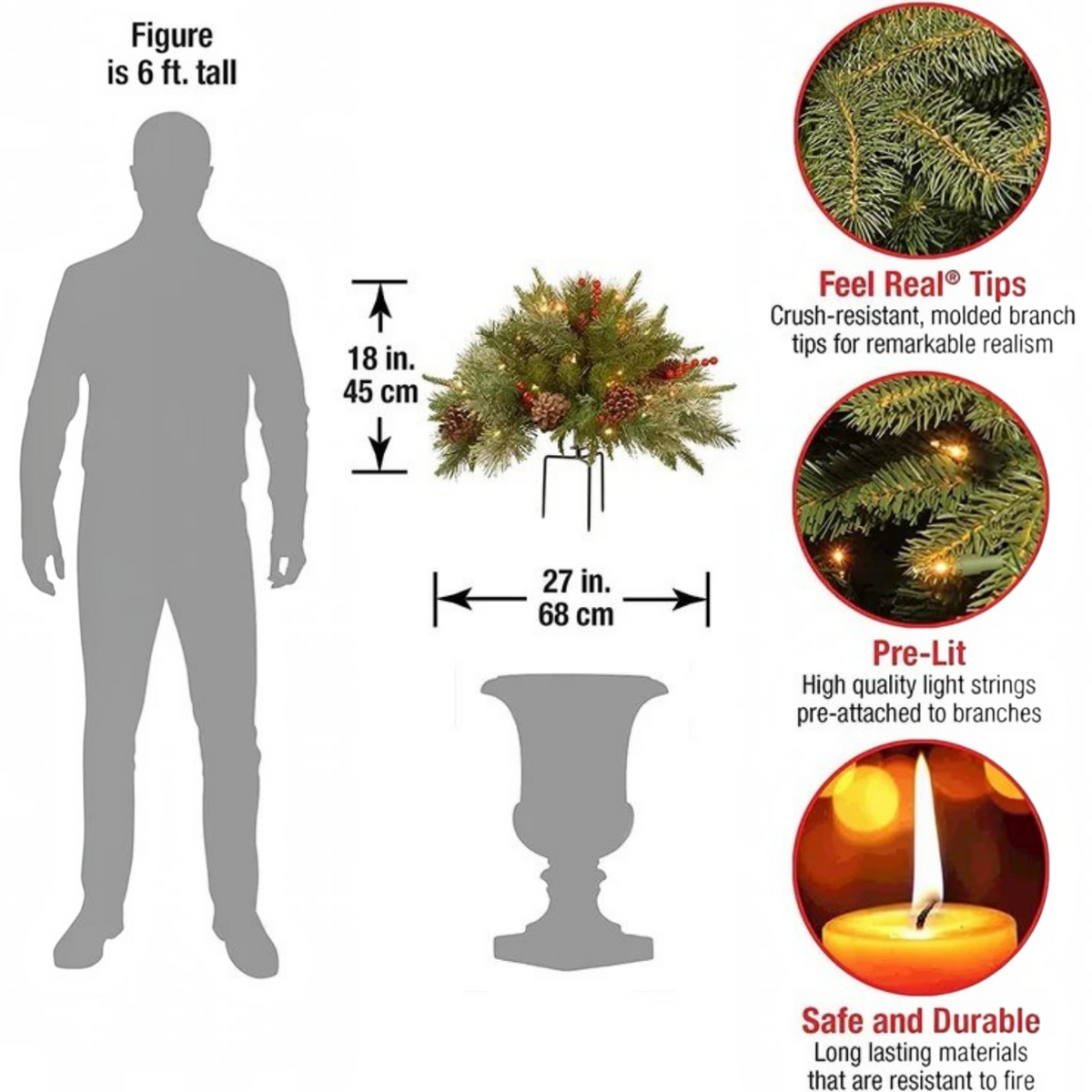 Battery Operated Evergreen Urn Filler with 35 Warm White LED Lights and Timer