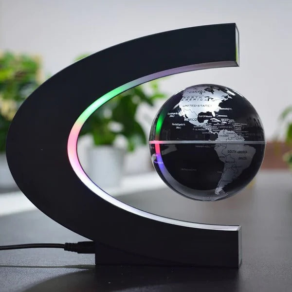Levitating Globe with C Shaped LED Frame, Rotating Earth and 12V Adapter in Blue, Gold or Black