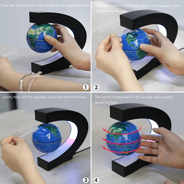 Levitating Globe with C Shaped LED Frame, Rotating Earth and 12V Adapter in Blue, Gold or Black