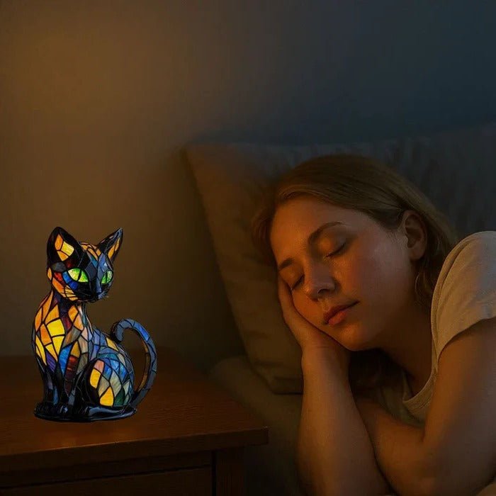 Decorative Cat Table Lamp with Stained Glass Panels and Warm LED Light - Alverraliving