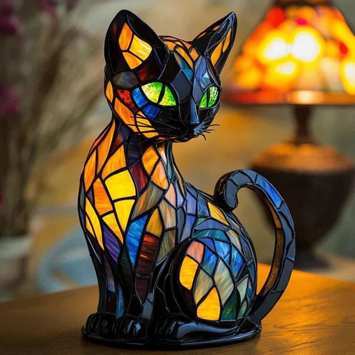 Decorative Cat Table Lamp with Stained Glass Panels and Warm LED Light - Alverraliving