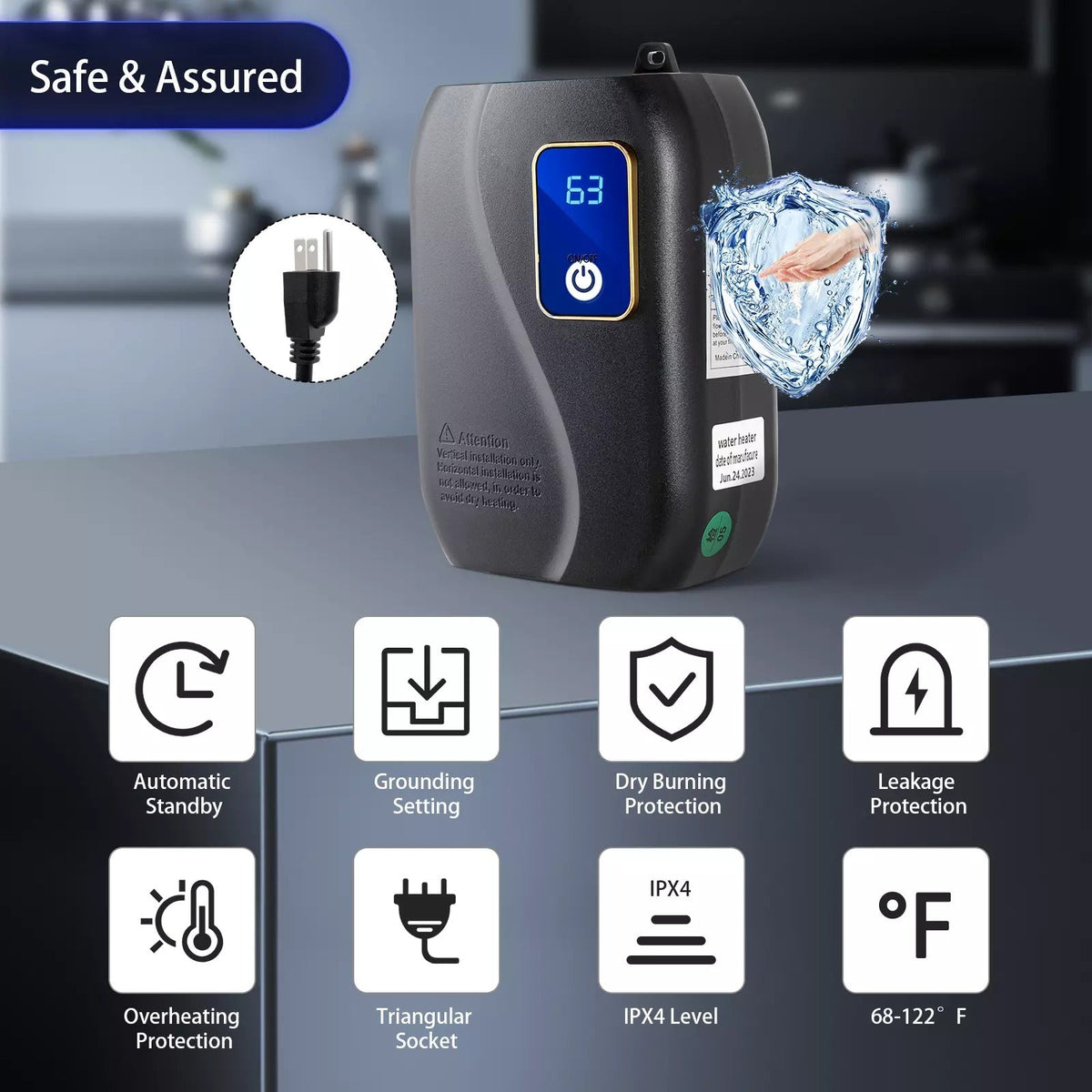 Electric Tankless Water Heater with LED Temperature Display and Safety Sensors