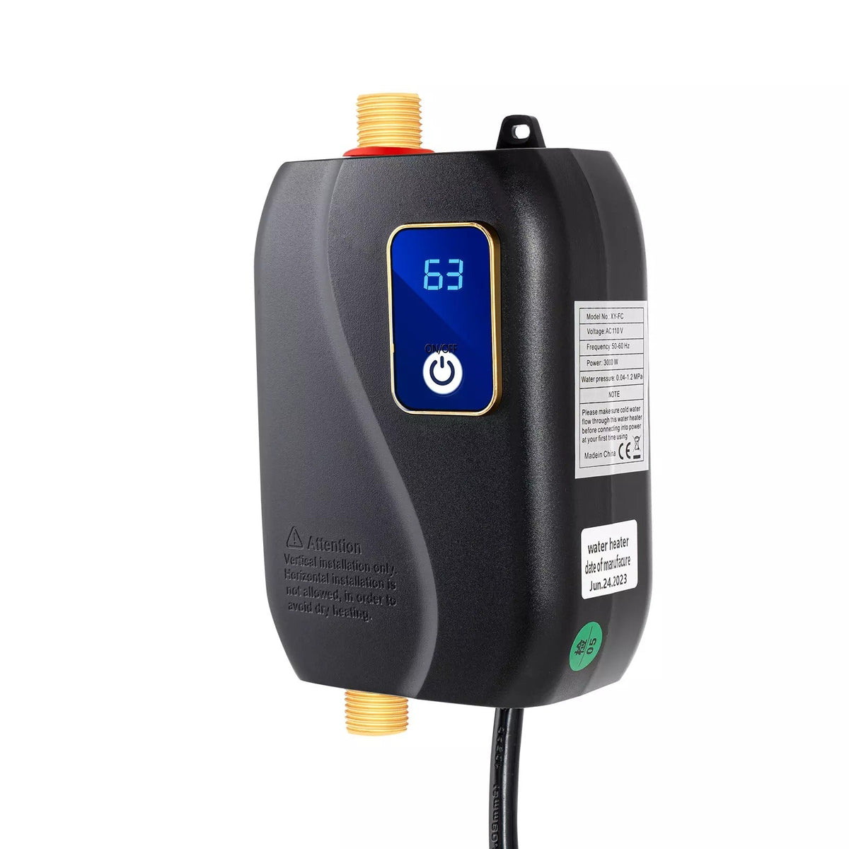 Electric Tankless Water Heater with LED Temperature Display and Safety Sensors