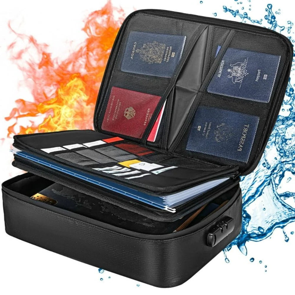 Document Storage Bag with Heat Resistant Material and Locking Closure, 3 Compartments