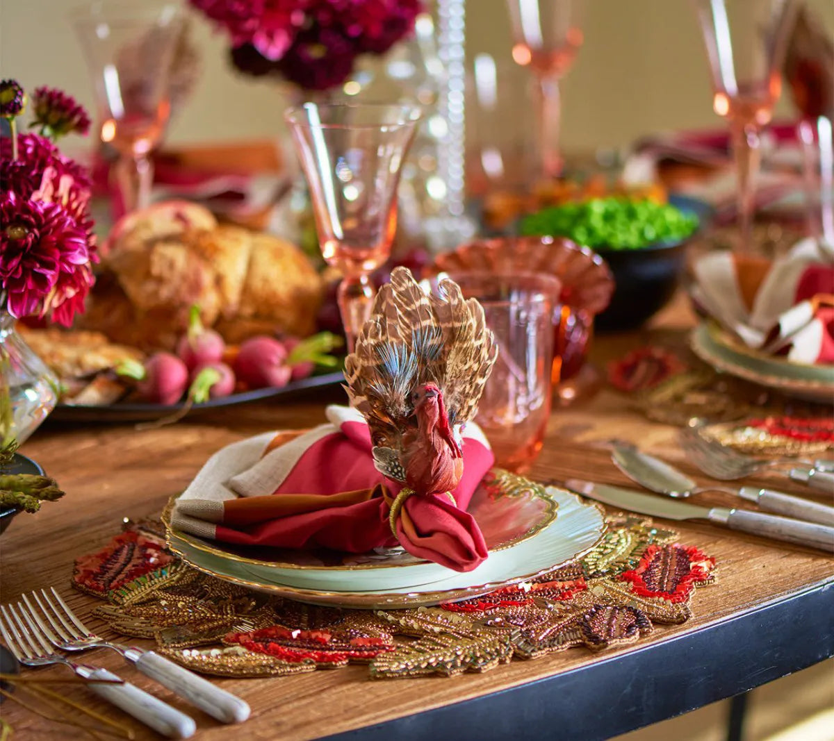 Turkey Shape Napkin Rings with Natural Feathers, Set of 4