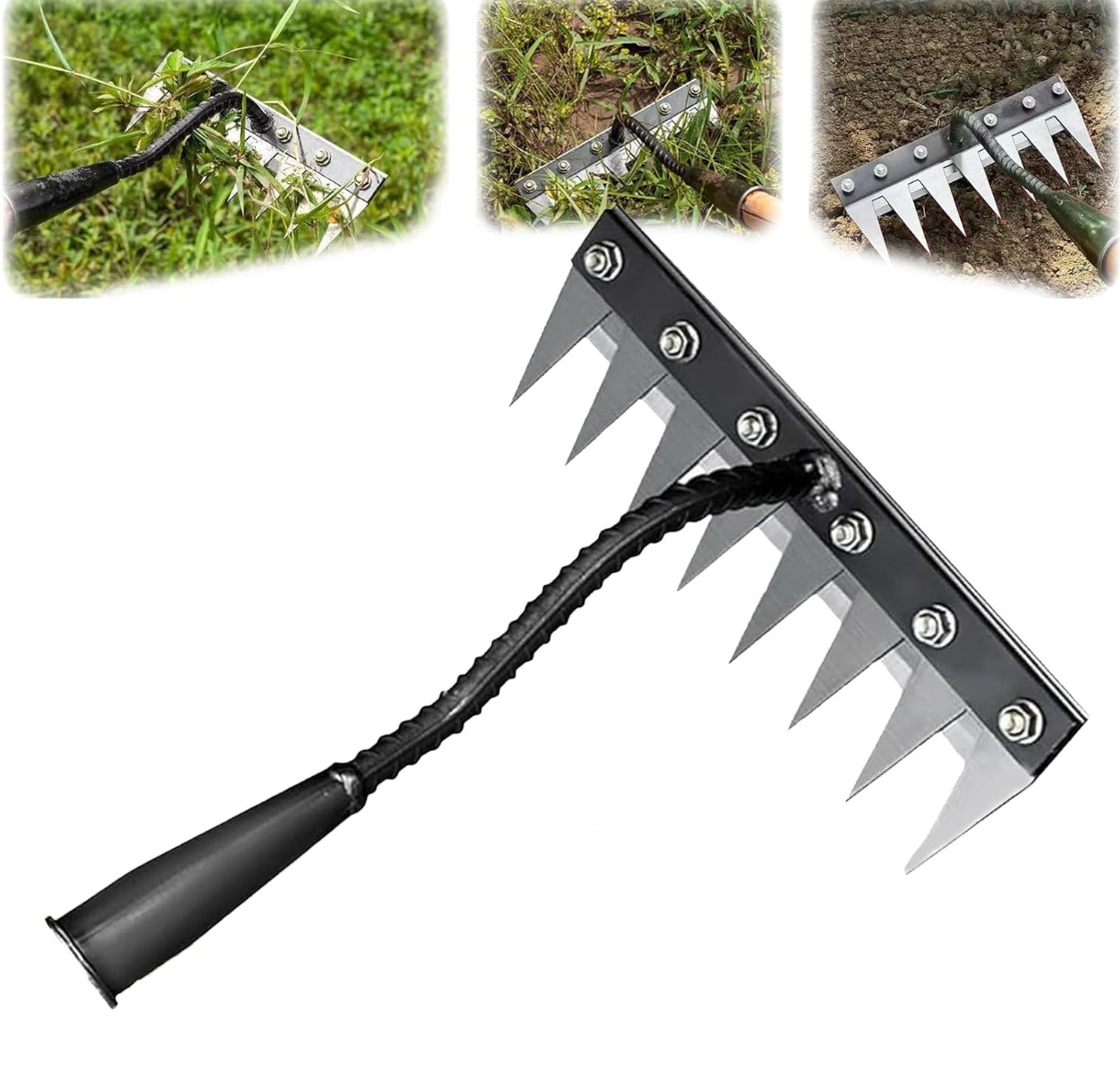 Carbon Steel Weeding Rake Head with Soft Grip Handle, 5-8 Tooth Options