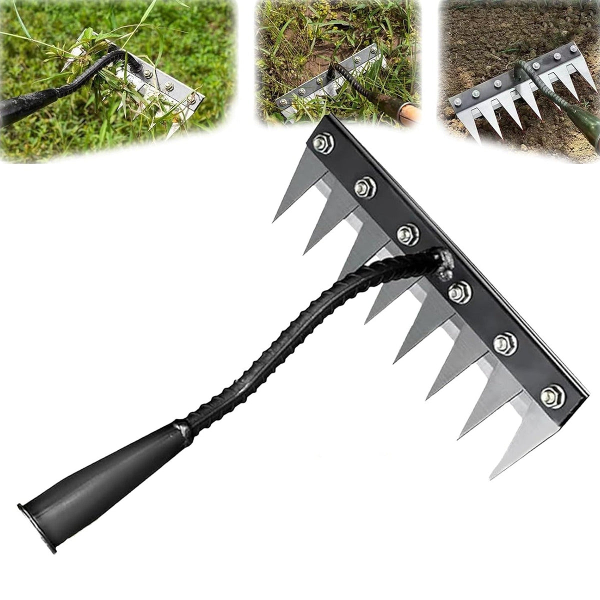 Carbon Steel Weeding Rake Head with Soft Grip Handle, 5-8 Tooth Options