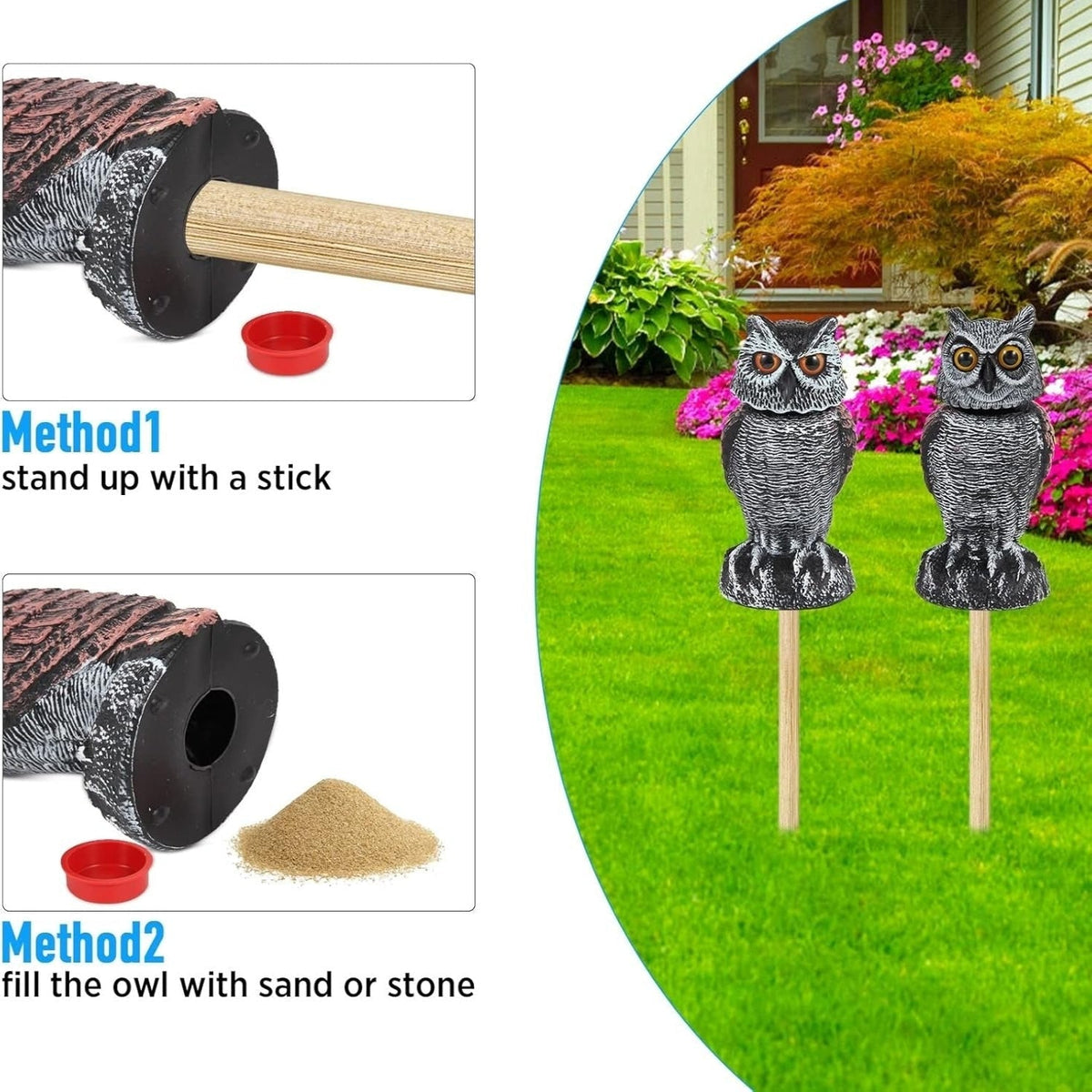 Owl Decoy Set of 2 with 360 Degree Rotating Head and Fillable Base for Garden and Patio