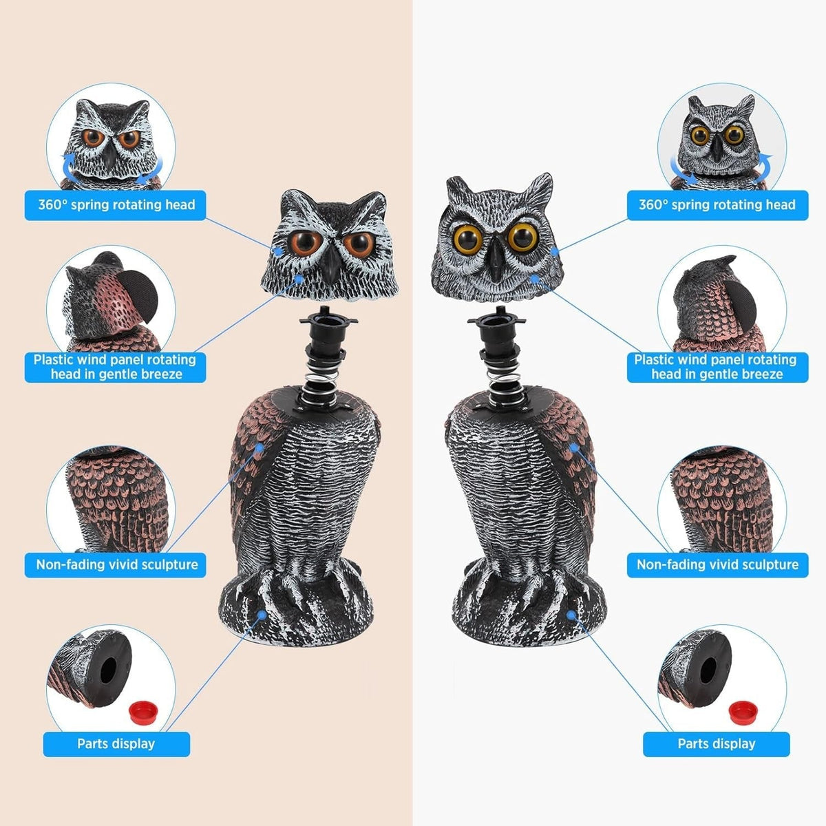 Owl Decoy Set of 2 with 360 Degree Rotating Head and Fillable Base for Garden and Patio