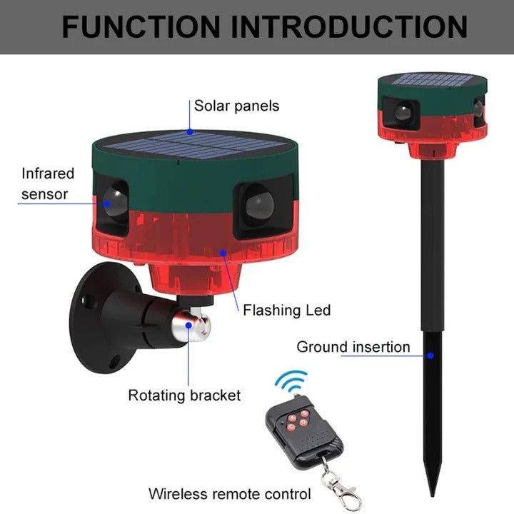 Motion-Activated Solar Pest Deterrent with LED Strobe and Ultrasonic Sound, 26.2ft Range