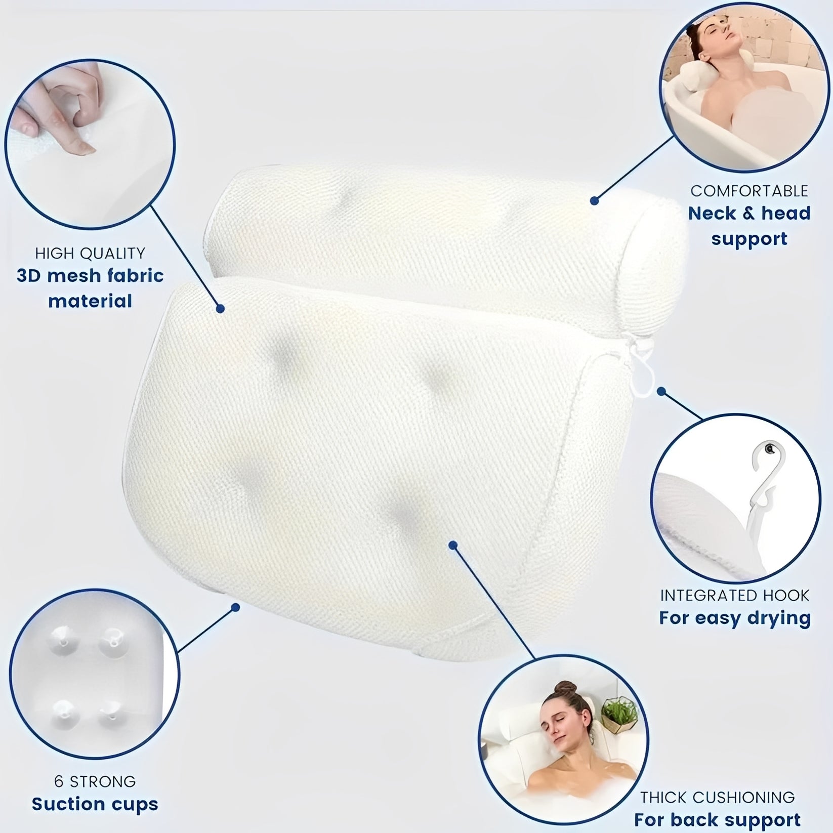 Ergonomic Bath Pillow with 6-Cup Suction and Quick Dry Mesh for Head and Shoulder Support