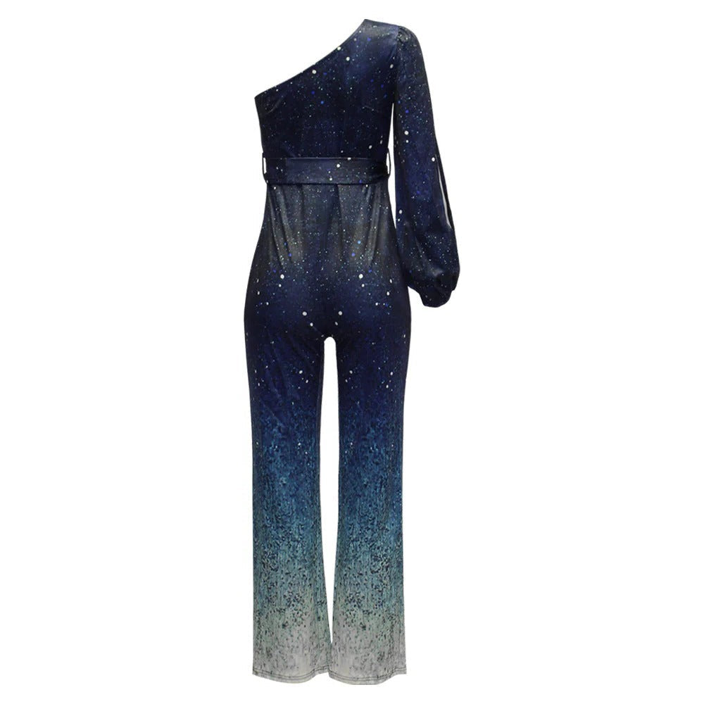 Blue One Shoulder Sequin Jumpsuit with Tie Belt