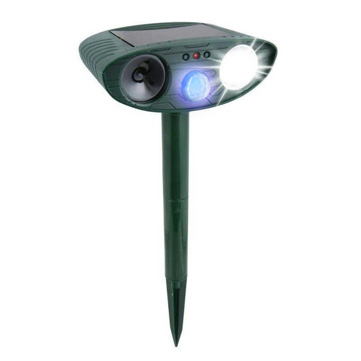 Solar Powered Ultrasonic Animal Repeller with Motion Sensor, Flashing LED Light and Ground Stake