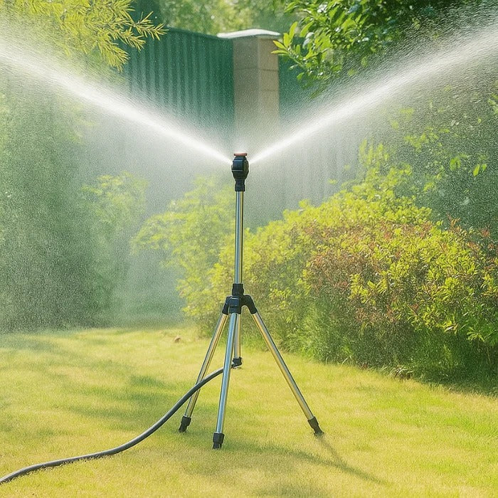 Rotating Tripod Sprinkler with 360 Degree Coverage and Adjustable Height, Double-Sided Spray