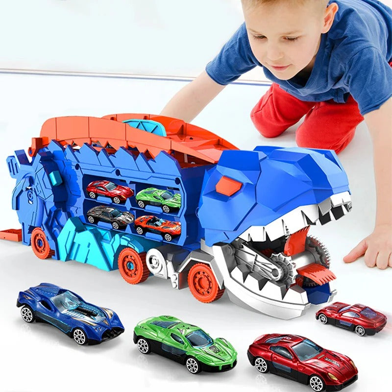 Transformable Dinosaur Truck with Dual Racing Tracks and Internal Car Storage