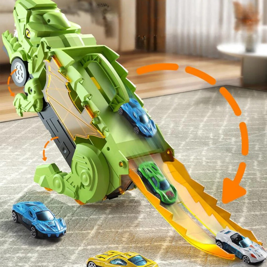 Transformable Dinosaur Truck with Dual Racing Tracks and Internal Car Storage