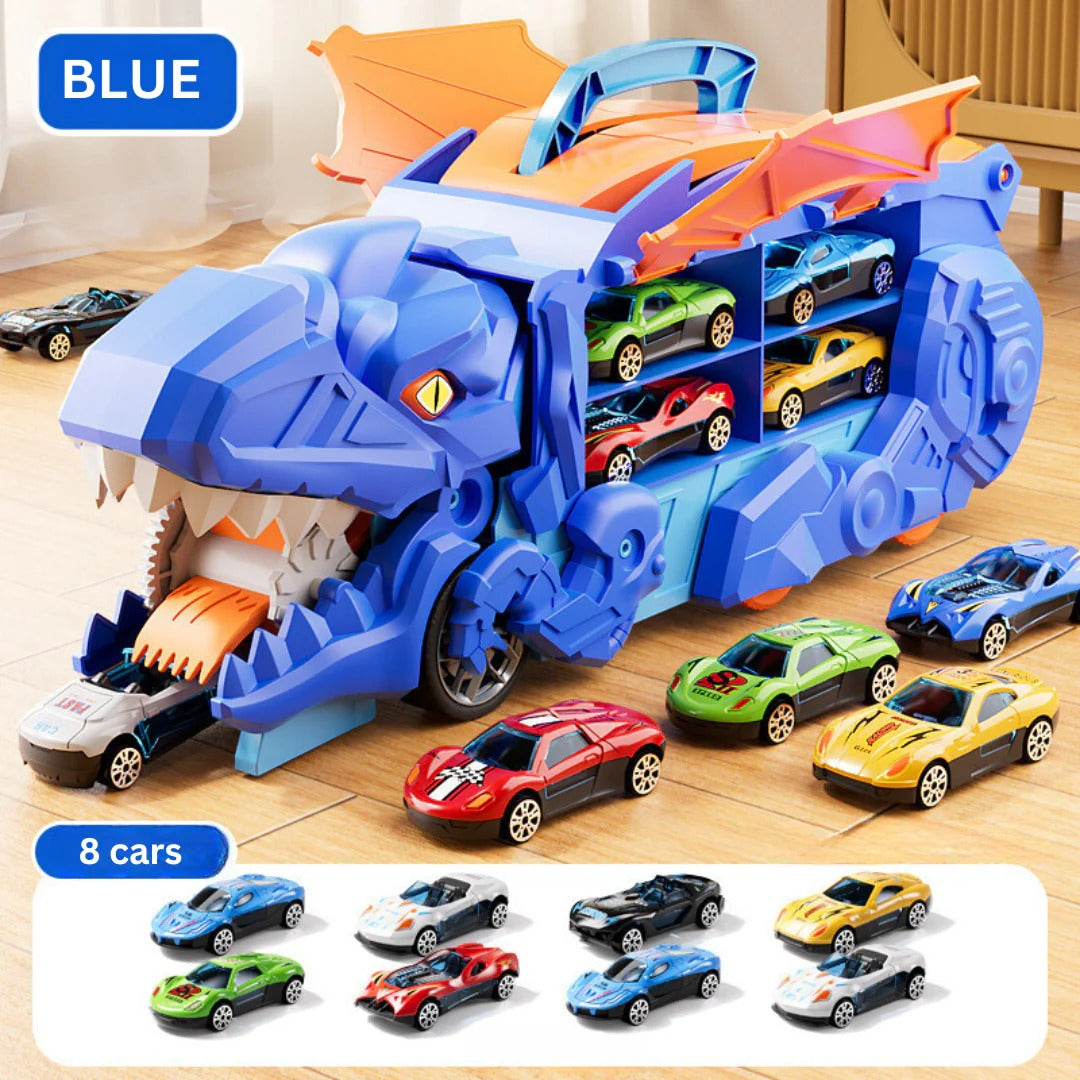 Transformable Dinosaur Truck with Dual Racing Tracks and Internal Car Storage