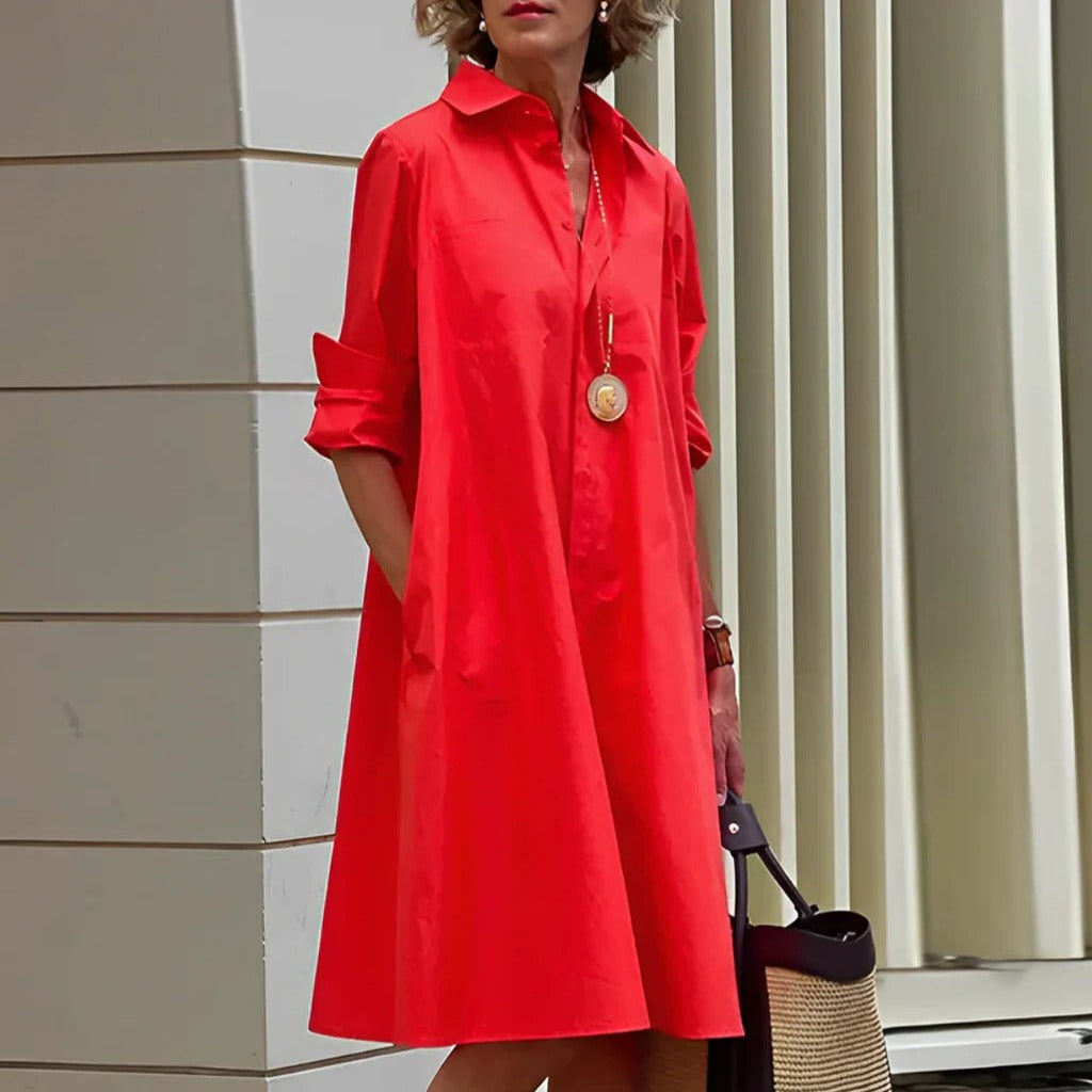 Polo Dress with Elbow Length Sleeves and Side Pockets, Fitted Waist