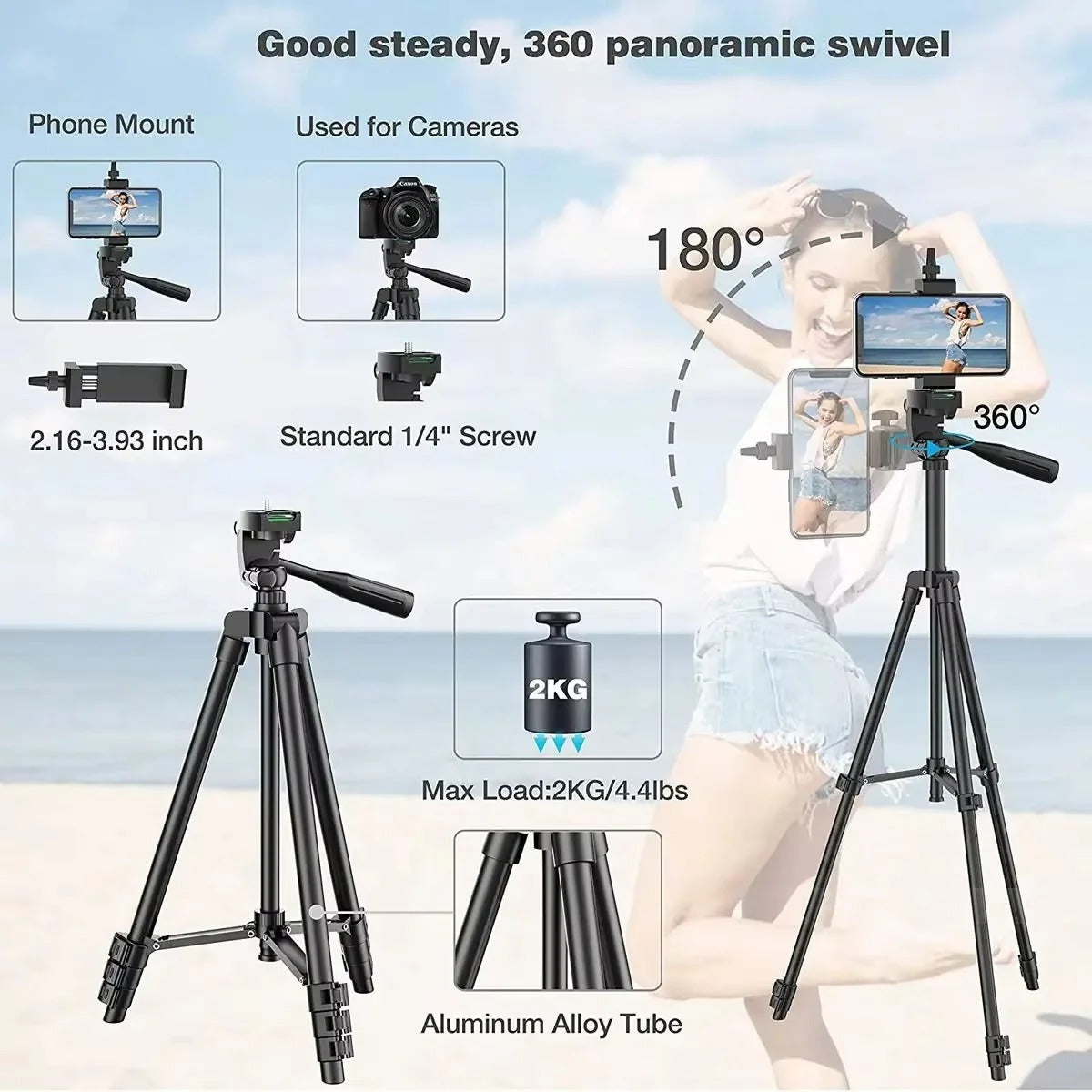 Extendable Camera Tripod 20 to 55 Inches with Phone Holder Remote Shutter and Carry Bag
