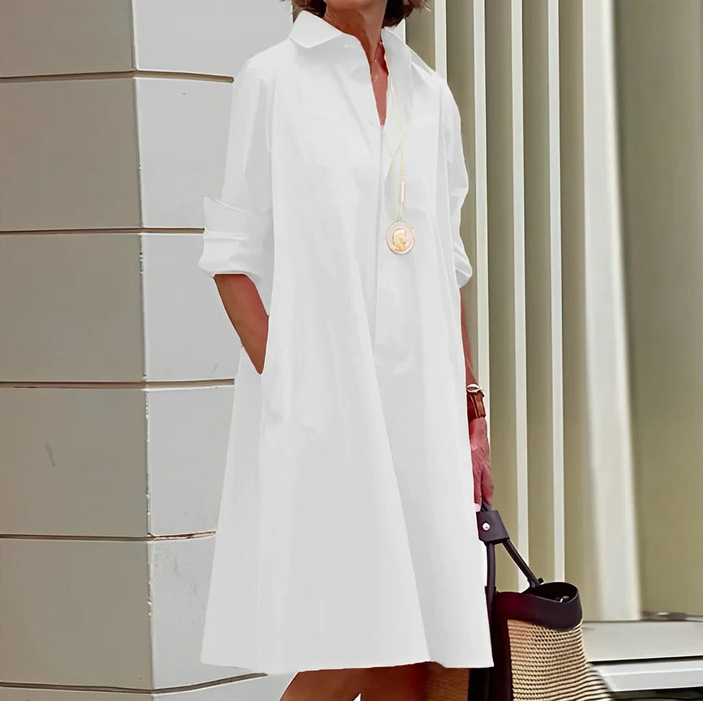 Polo Dress with Elbow Length Sleeves and Side Pockets, Fitted Waist