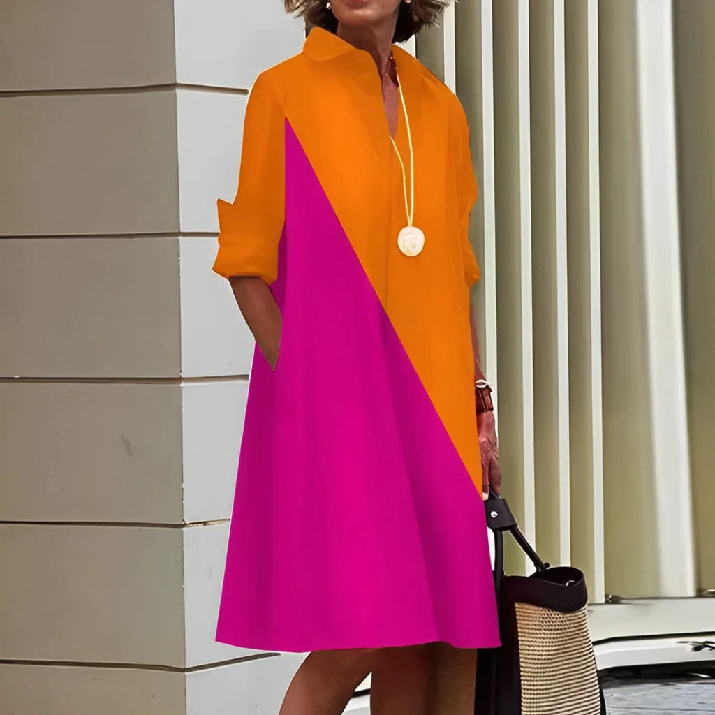 Polo Dress with Elbow Length Sleeves and Side Pockets, Fitted Waist