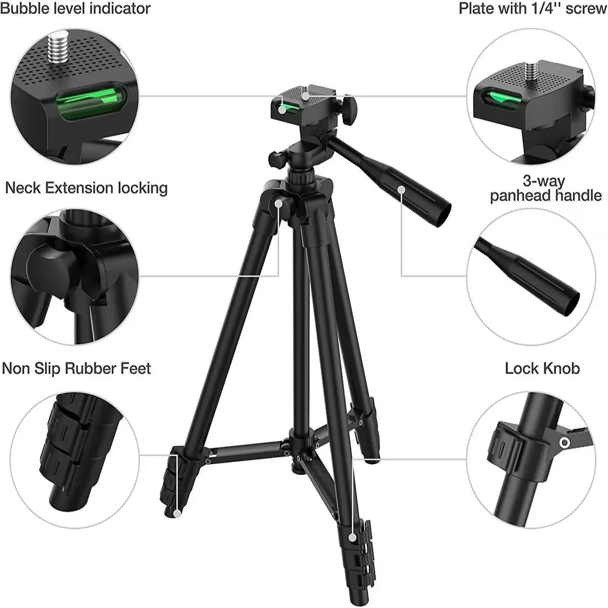 Extendable Camera Tripod 20 to 55 Inches with Phone Holder Remote Shutter and Carry Bag