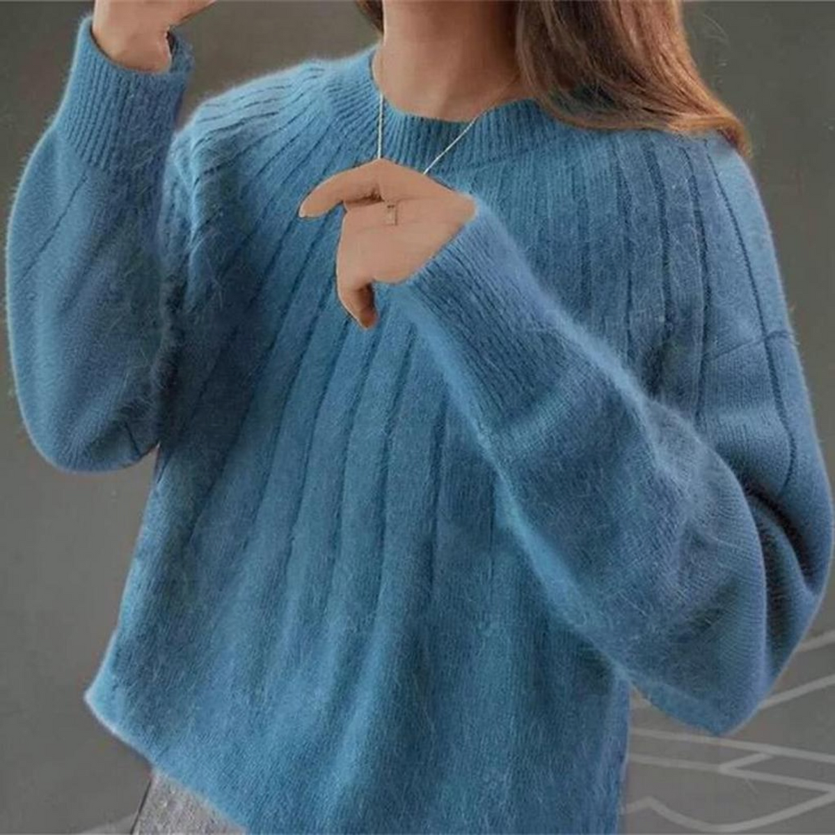 Womens Crewneck Knit Sweater with Ribbed Cuffs and Hip Length Cut