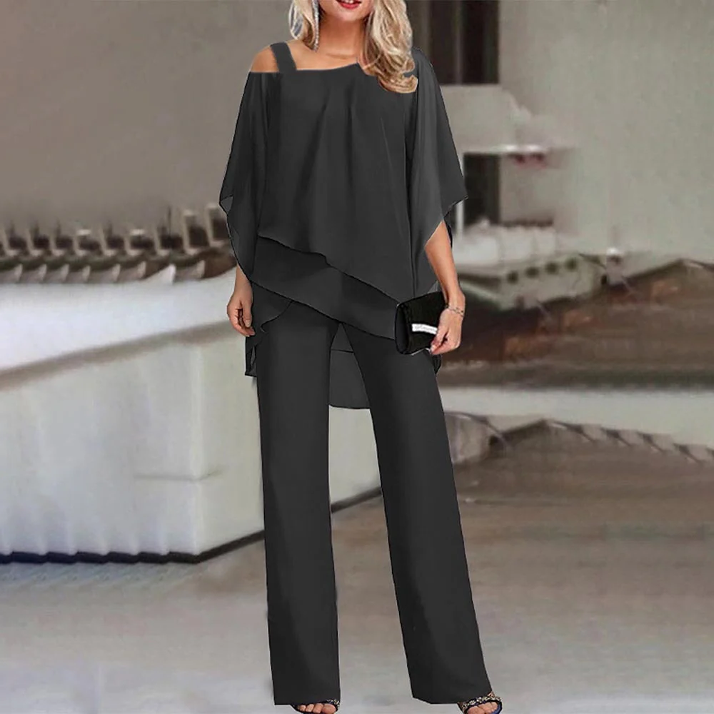 Womens Cold Shoulder Suit with Long Trousers and Cutout Top