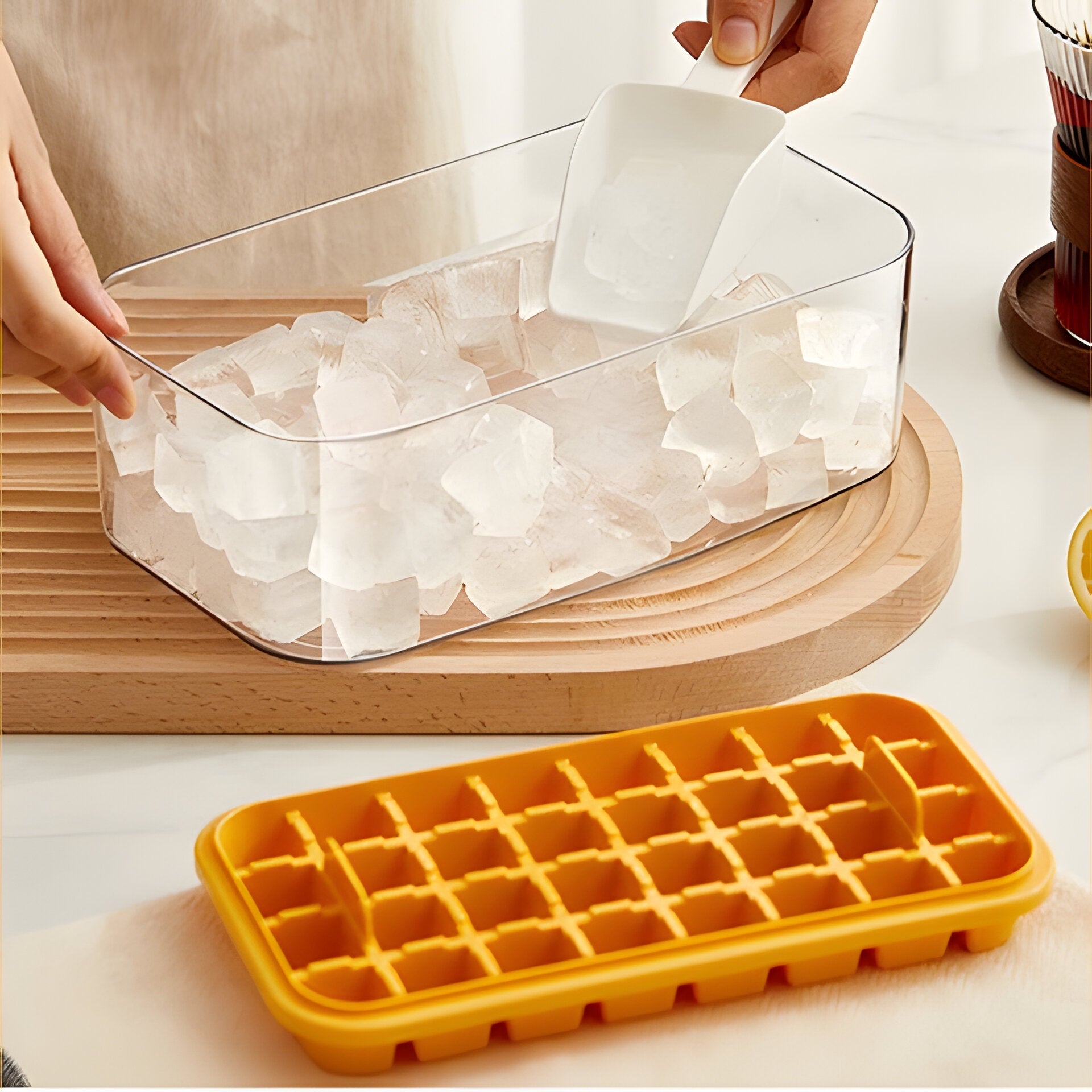 Ice Maker System with Press-Release Mechanism and Storage Bin, Dual Trays with Scoop