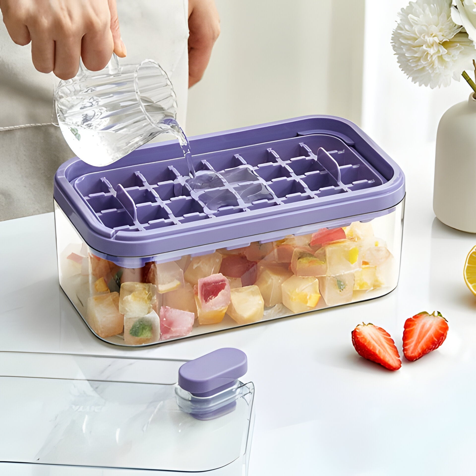 Ice Maker System with Press-Release Mechanism and Storage Bin, Dual Trays with Scoop