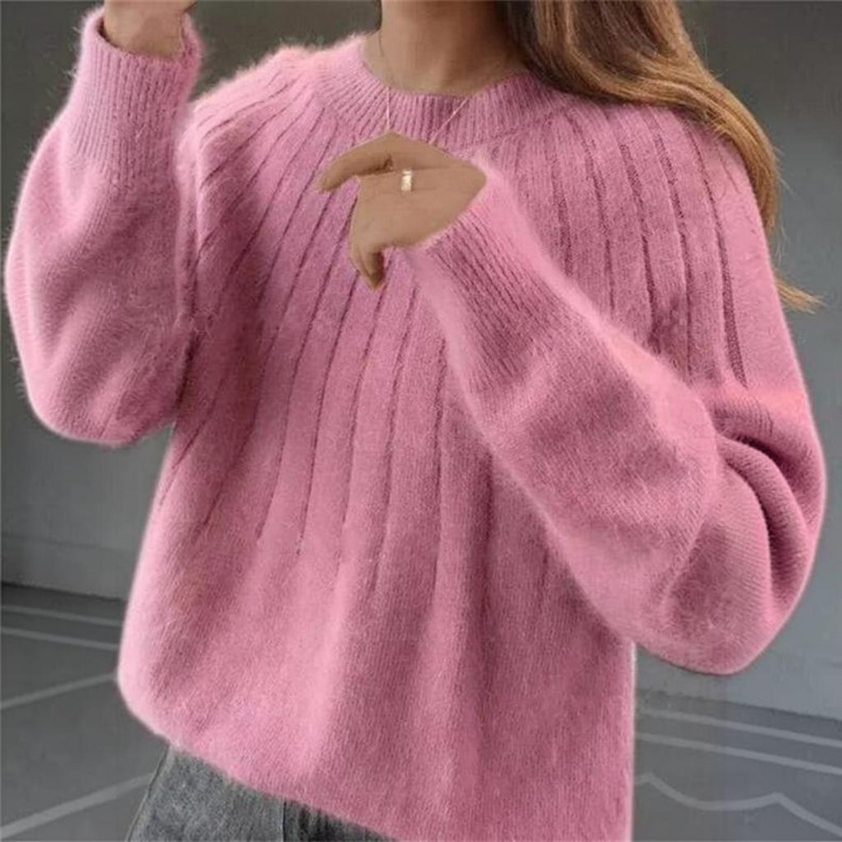 Womens Crewneck Knit Sweater with Ribbed Cuffs and Hip Length Cut